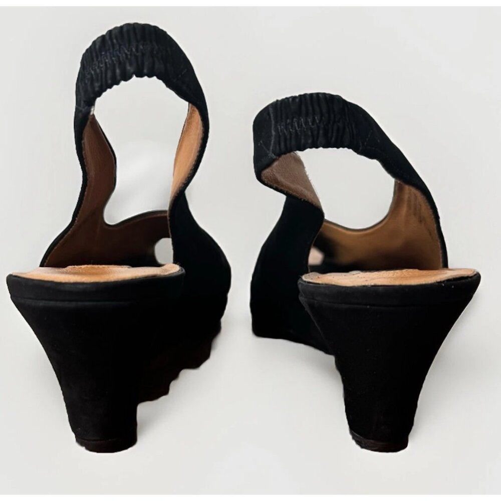 (8)NINE WEST "IDA" Tiny Peep Toe Slingback Black Suede Wedge Heels - Picture 8 of 10